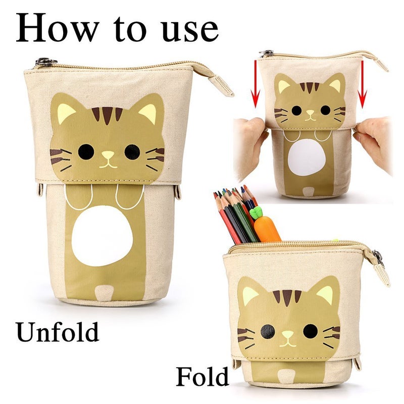 Ytuomzi Telescopic Pencil Pouch Standing Pen Holder Cute Pencil Bags Stand Up Pen Case Cartoon Pencil/Pens Storage Box Canvas+PU Stationery Organizer Makeup Bag with Zipper Closure (Khaki) - Image 2